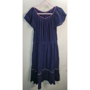 Talbots Navy Blue Cotton Maxi Dress L Tiered Short Sleeve Boho Summer‎ Flawed